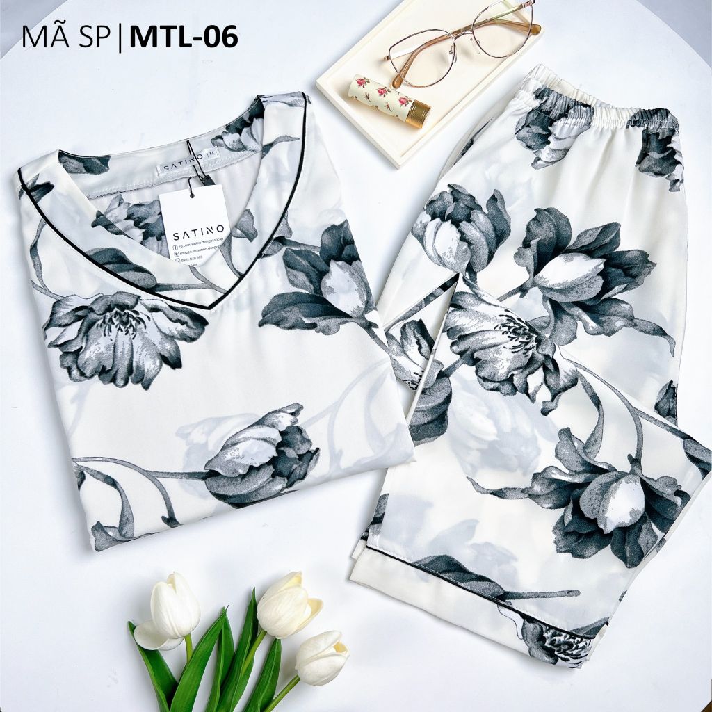 Pijama nữ Lụa Mango TNQL Satino cổ tim - T-Lotus White