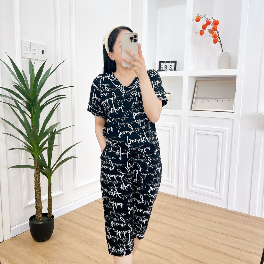 Pijama nữ Lụa Mango TNQL Satino cổ tim - T-Amber Black
