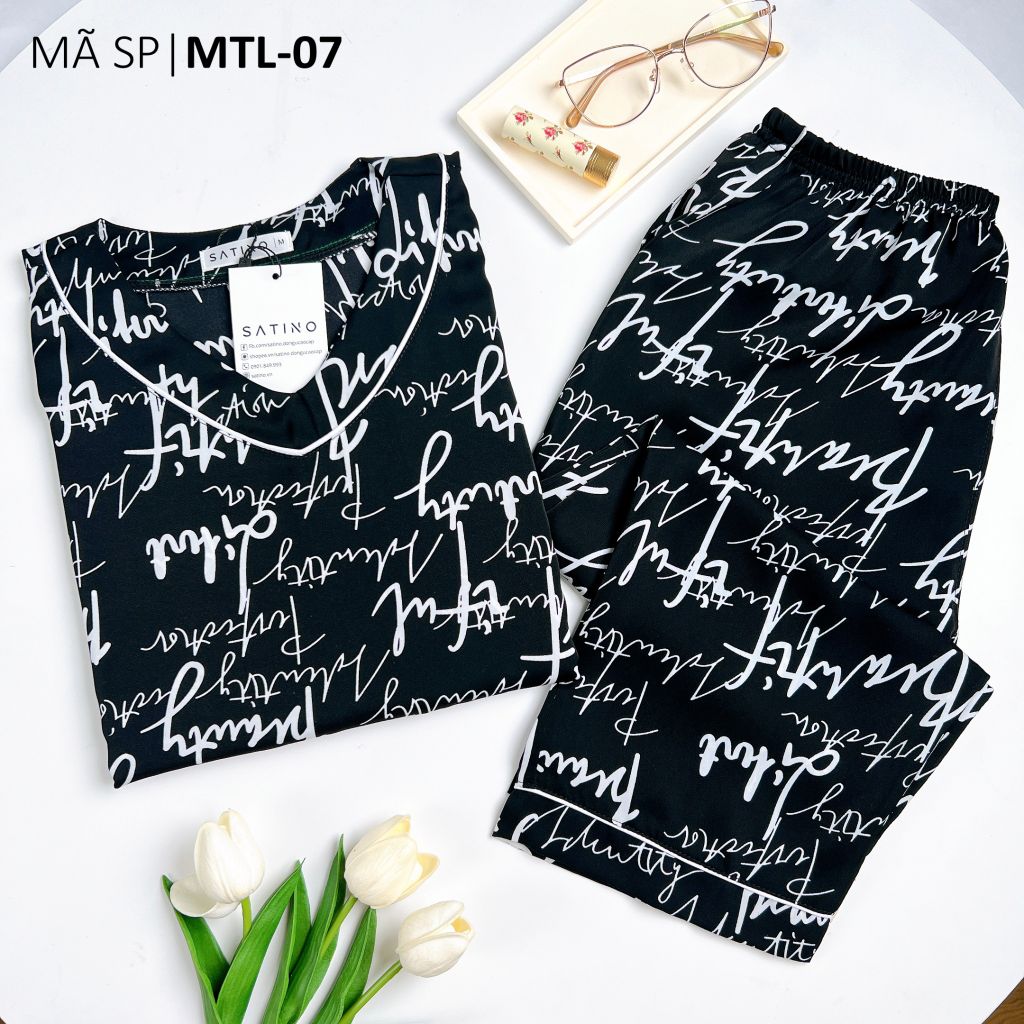 Pijama nữ Lụa Mango TNQL Satino cổ tim - T-Amber Black