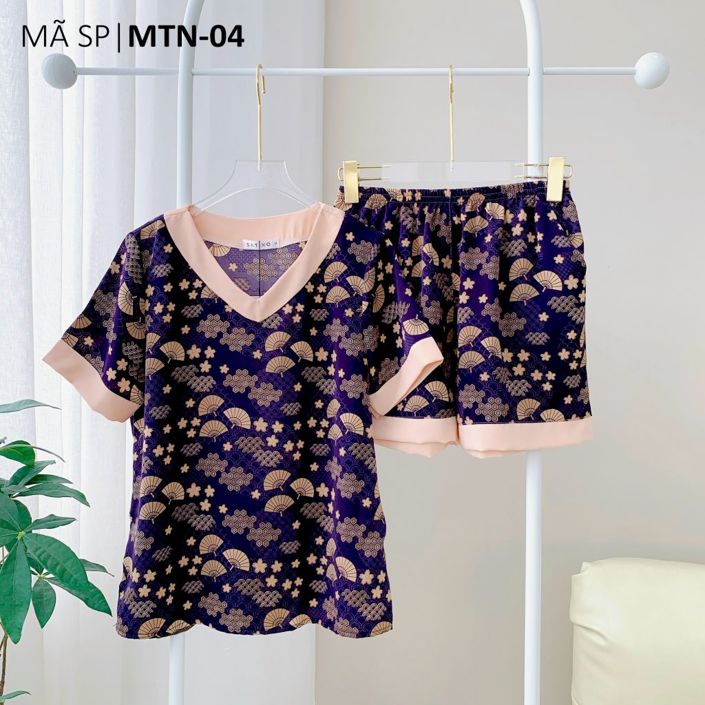 Pijama lụa mango mềm mại, không nhăn Satino TNQN cổ tim - T-Jadie Dark Blue