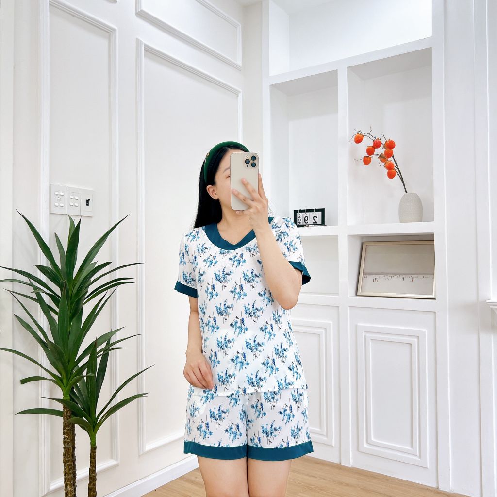 Pijama nữ Lụa Mango TNQN Satino cổ tim - T-Rita Mallard Green