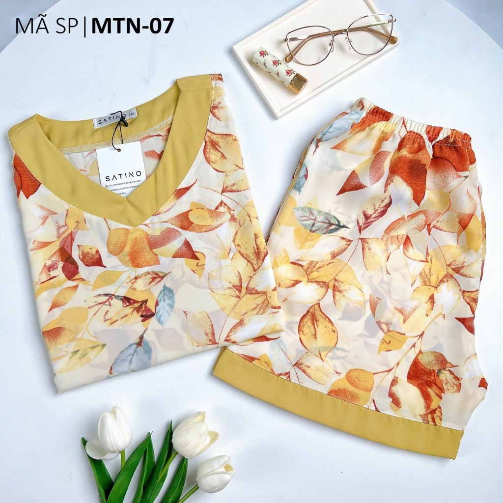 Pijama nữ Lụa Mango TNQN Satino cổ tim - T-Laris Yellow