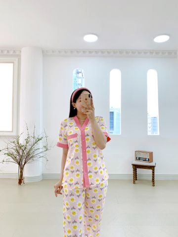Đồ bộ mặc nhà, đồ ngủ, Pijama nữ Lụa TNQD Satino cổ Y - Sunny Pink