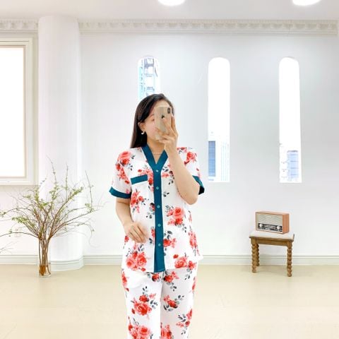 Đồ bộ mặc nhà, đồ ngủ, Pijama nữ Lụa TNQD Satino cổ Y - Rosie Mallard Green