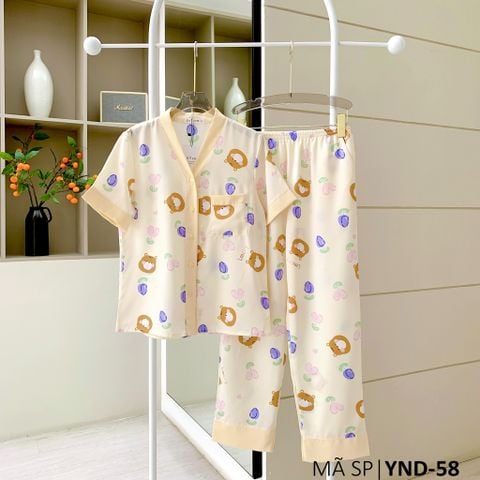 Đồ bộ mặc nhà, đồ ngủ, Pijama nữ Lụa TNQD Cổ Y Satino - Tiela Cream