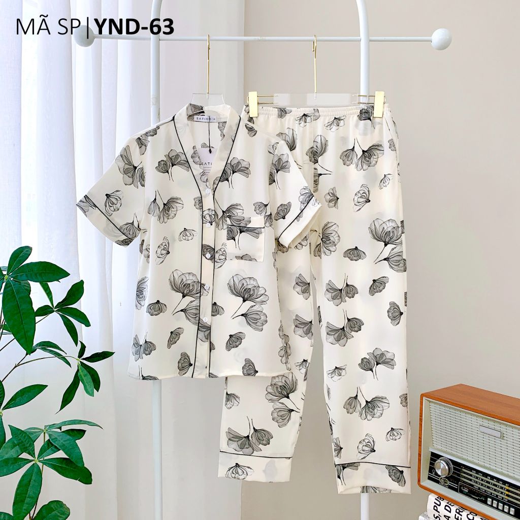 Pijama lụa mango mềm mại, không nhăn Satino TNQD cổ Y - Della White