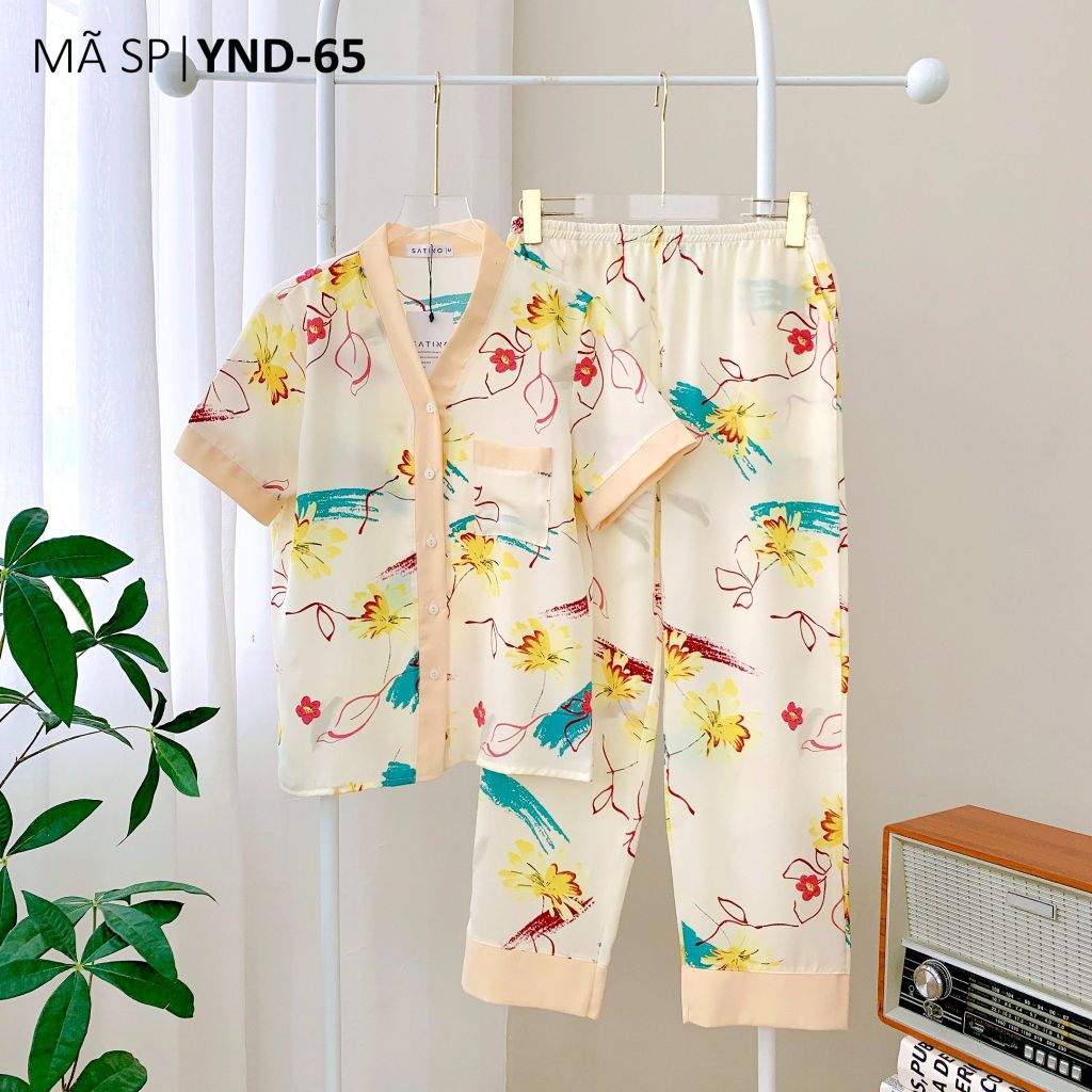 Pijama lụa mango mềm mại, không nhăn Satino TNQD cổ Y - Maysi Cream