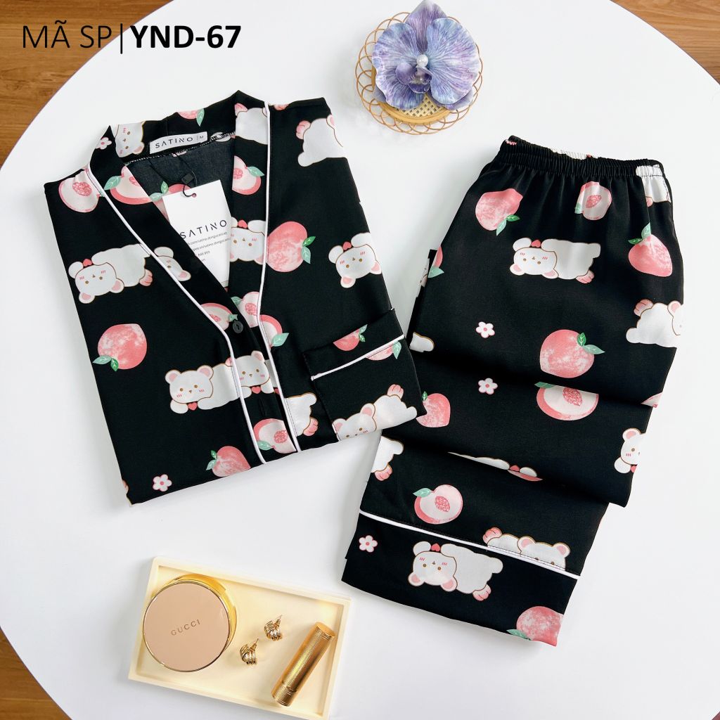 Pijama lụa mango mềm mại, không nhăn Satino TNQD cổ Y - Peaches Black