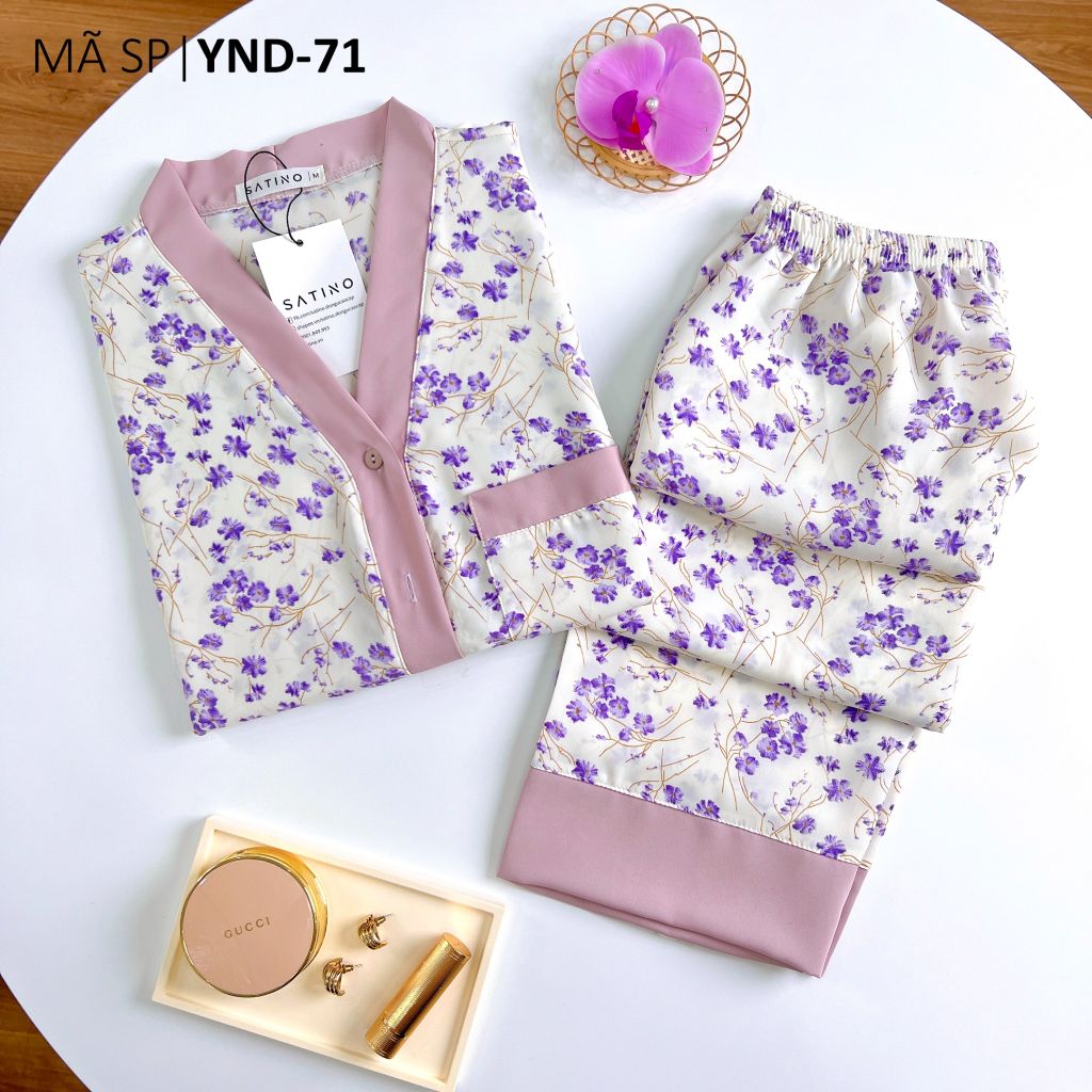 Đồ bộ mặc nhà, đồ ngủ, Pijama nữ Lụa TNQD Cổ Y Satino - Y-Maison Lilac