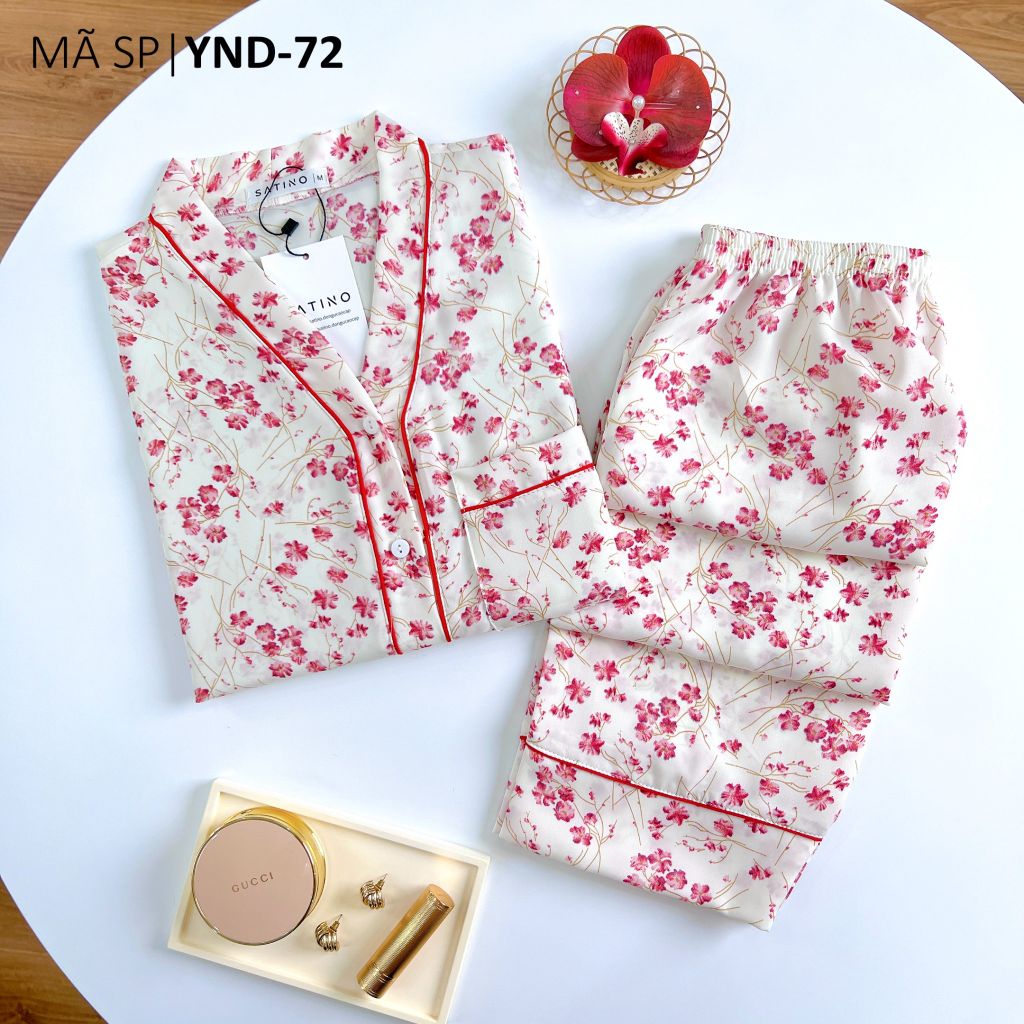 Đồ bộ mặc nhà, đồ ngủ, Pijama nữ Lụa TNQD Cổ Y Satino - Y-Maison Red