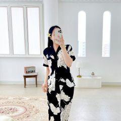 Pijama lụa mango mềm mại, không nhăn Satino TNQD cổ Y- Merzy Black