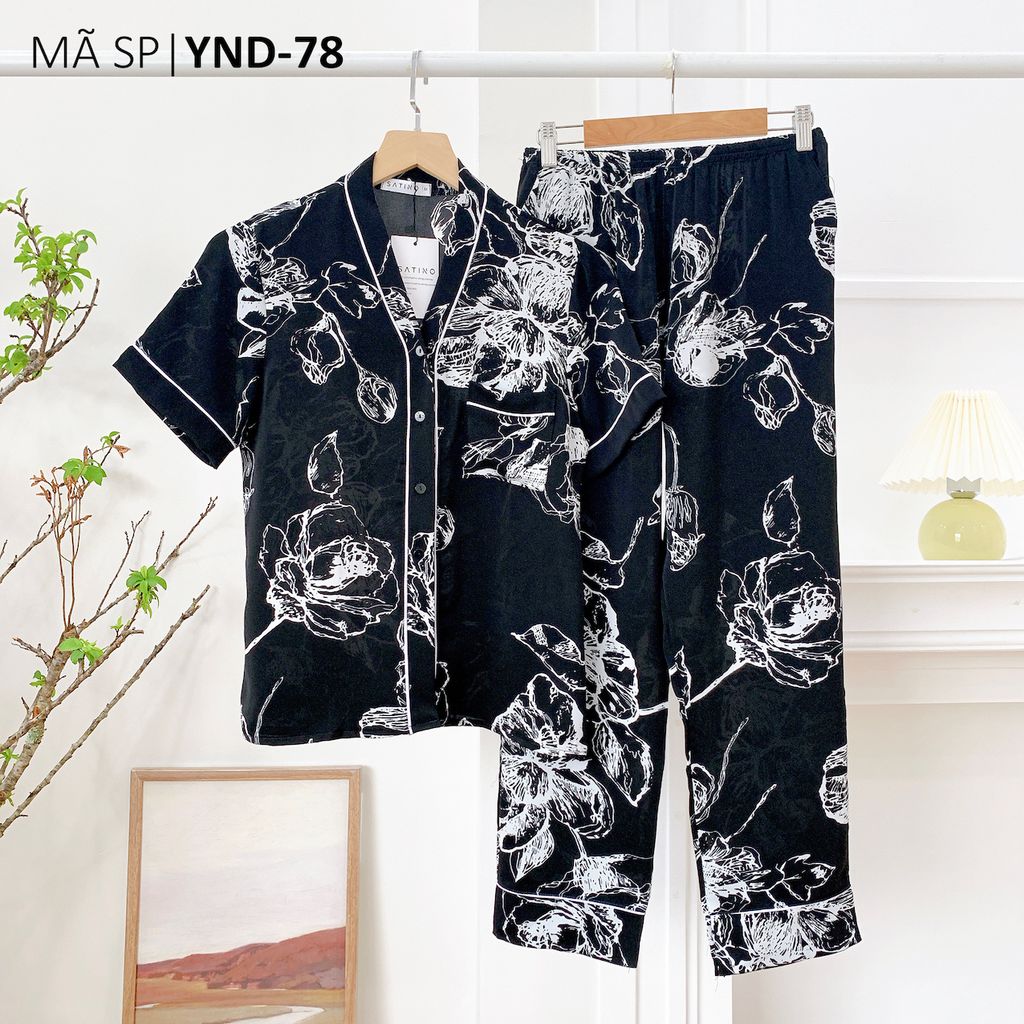 Pijama nữ Lụa Mango TNQD Satino cổ Y - Y-Elly Black