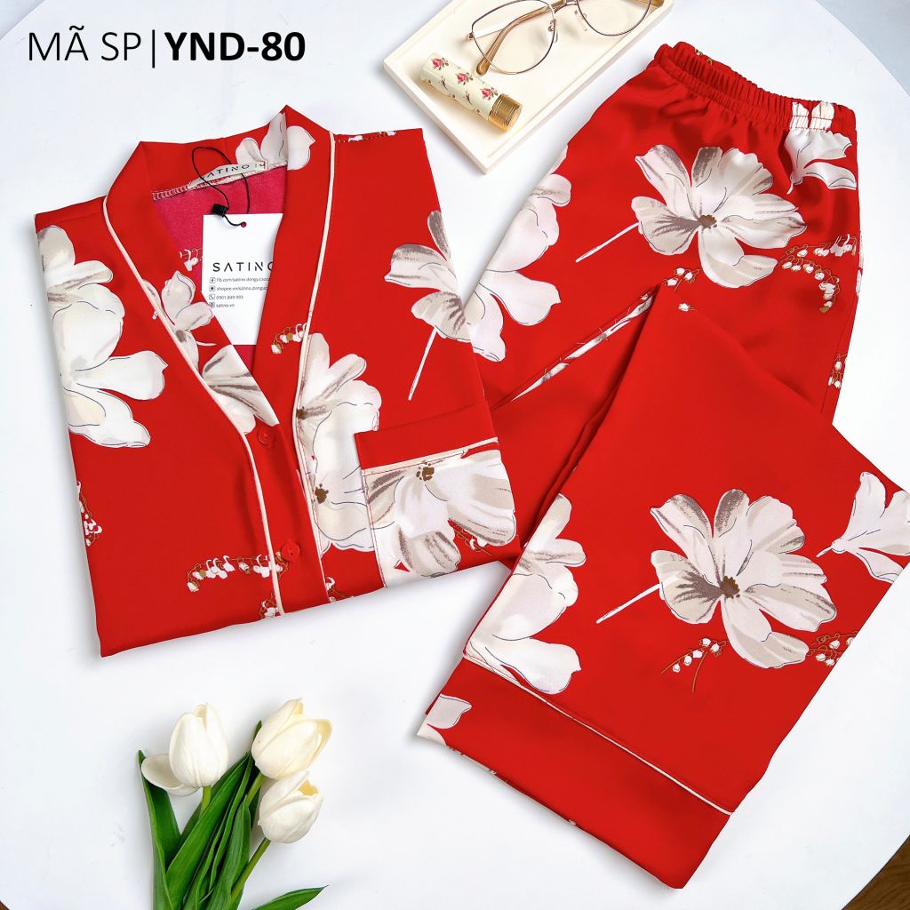 Pijama nữ Lụa Mango TNQD Satino cổ Y - Jasmine Red