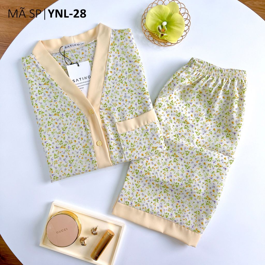Pijama lụa mango mềm mại, không nhăn Satino TNQL cổ Y - Vana Cream