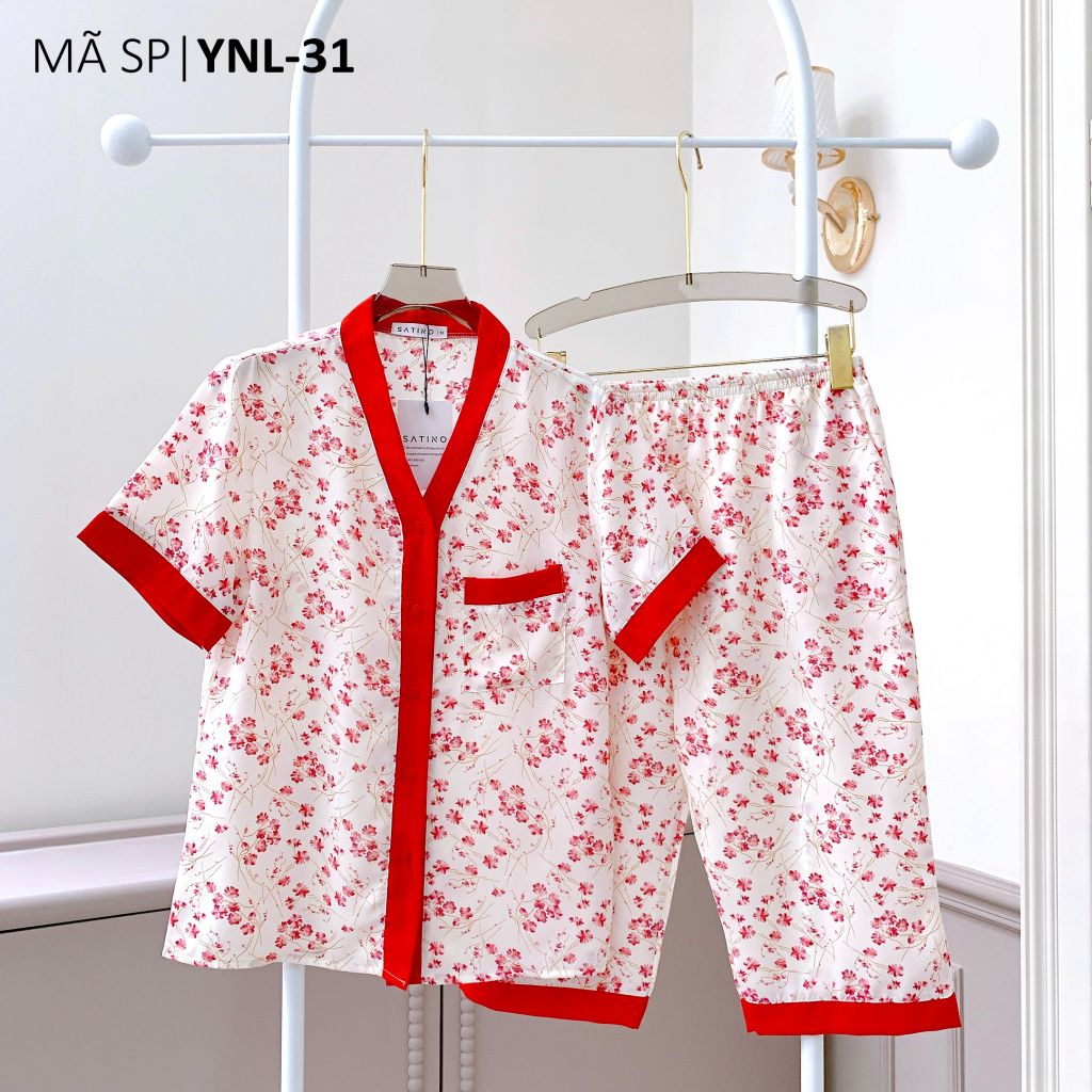 Pijama lụa mango mềm mại, không nhăn Satino TNQL cổ Y - Maison Red