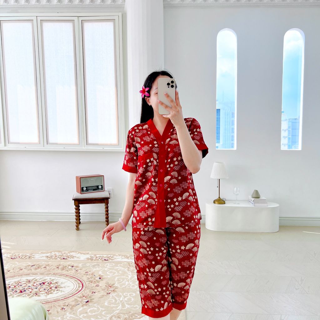 Pijama lụa mango mềm mại, không nhăn Satino TNQL cổ Y - Jadie Red Wine