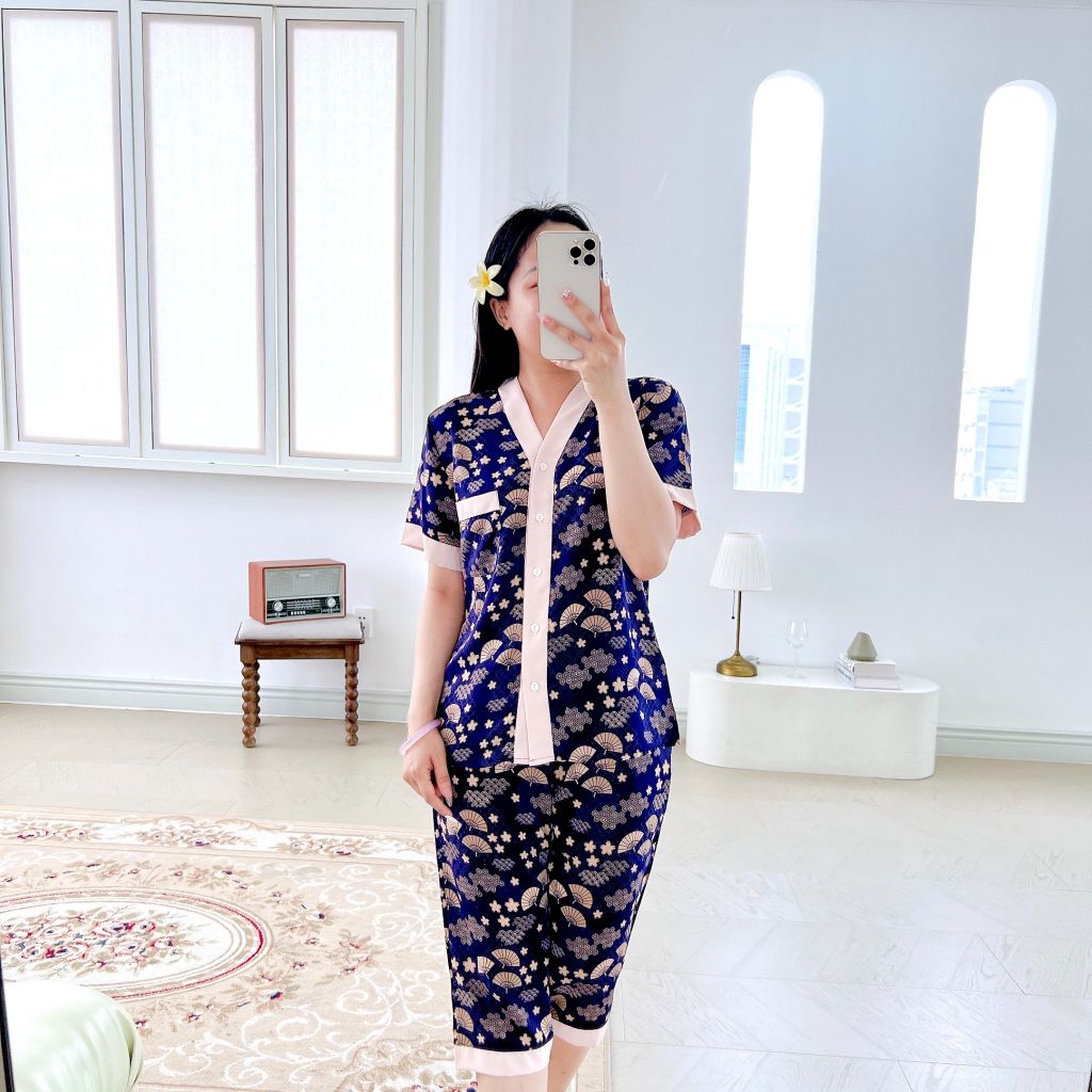 Pijama lụa mango mềm mại, không nhăn Satino TNQL cổ Y - Jadie Dark Blue
