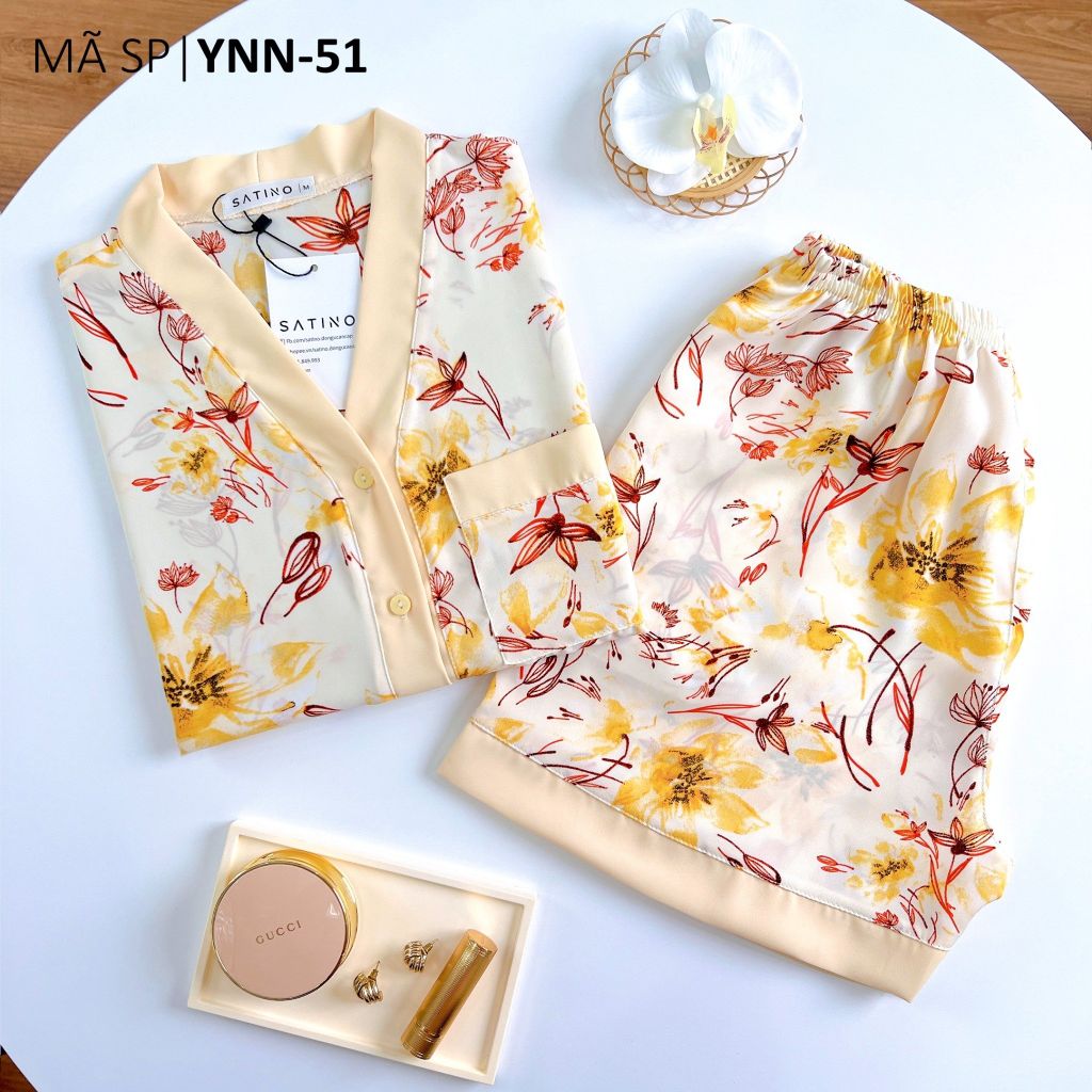 Pijama lụa mango mềm mại, không nhăn Satino TNQN cổ Y - Sevin Cream