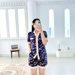Pijama lụa mango mềm mại, không nhăn Satino TNQN cổ Y - Jadie Dark Blue
