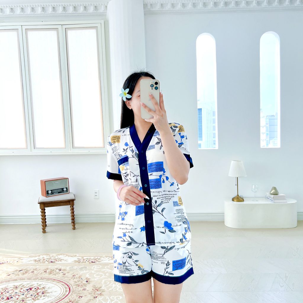 Pijama lụa mango mềm mại, không nhăn Satino TNQN cổ Y - Wendie Dark Blue