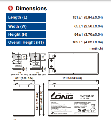  Bình ắc quy vi tính Long 12V-7.2AH | Mã  WP7.2-12 