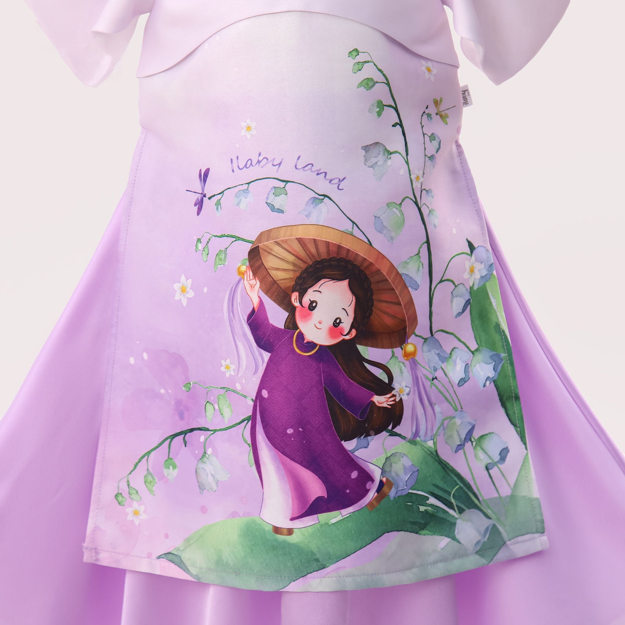 Set áo dài bé gái vải Tafta hoạ tiết hoa linh lan AG005