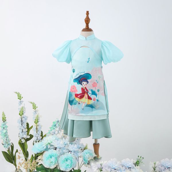 Set áo dài bé gái vải tơ ánh hoạ tiết hoa sen AG003