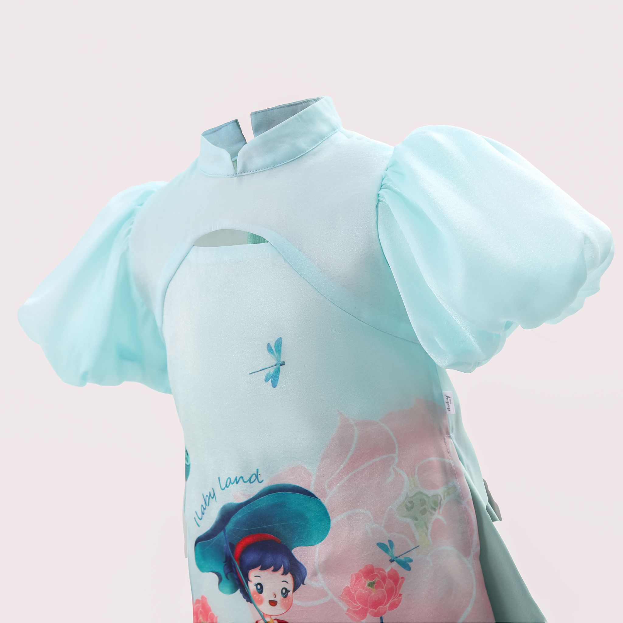 Set áo dài bé gái vải tơ ánh hoạ tiết hoa sen AG003