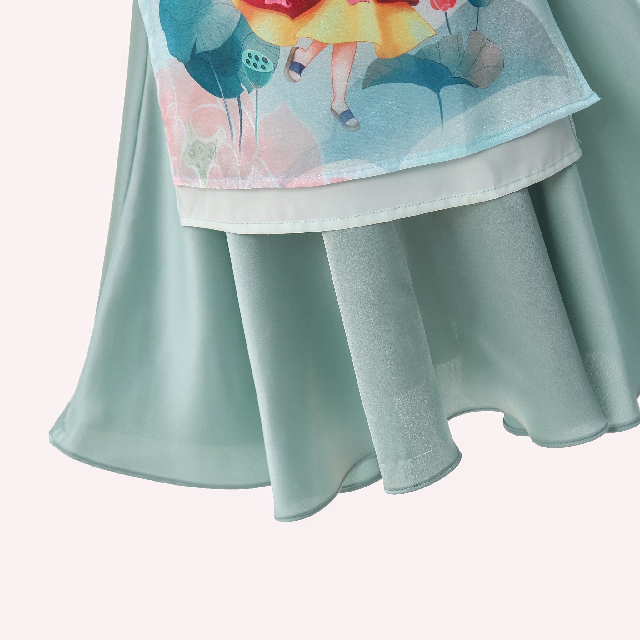 Set áo dài bé gái vải tơ ánh hoạ tiết hoa sen AG003