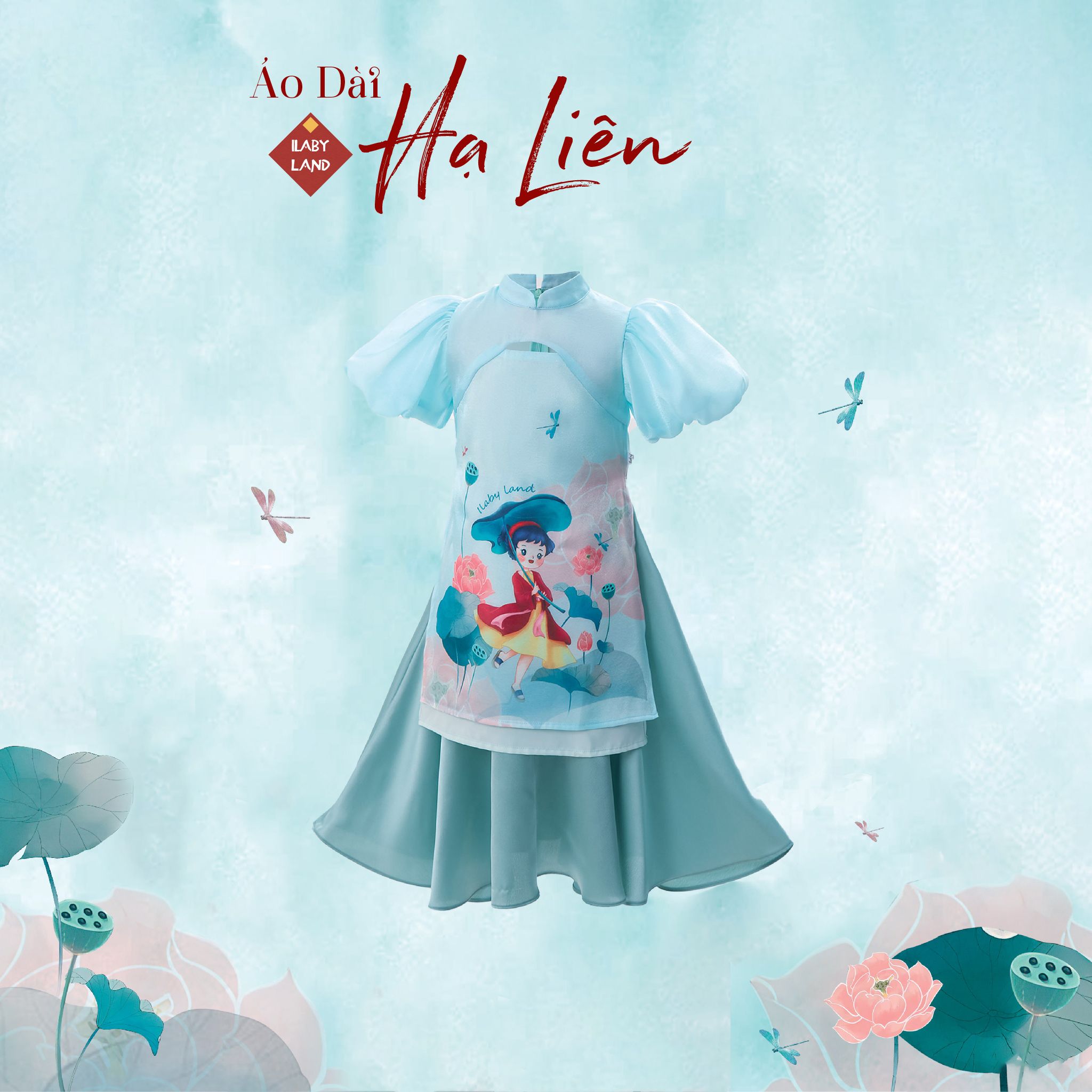 Set áo dài bé gái vải tơ ánh hoạ tiết hoa sen AG003