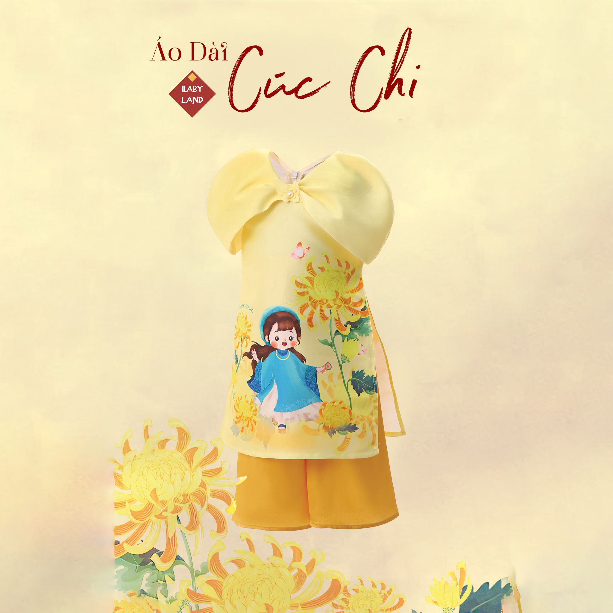 Set áo dài bé gái vải Tafta hoạ tiết hoa cúc AG004