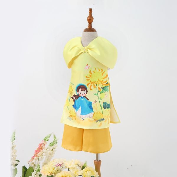 Set áo dài bé gái vải Tafta hoạ tiết hoa cúc AG004