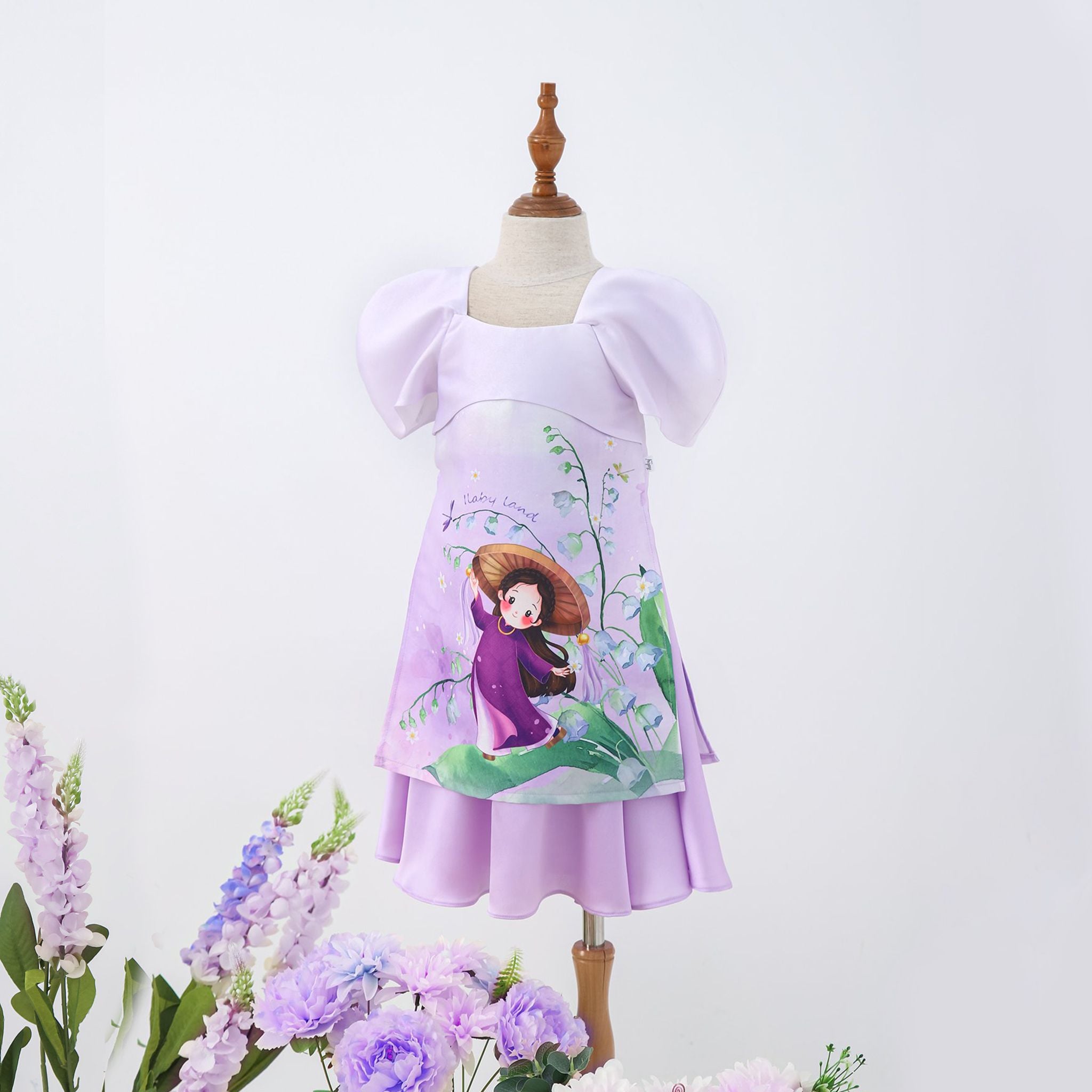 Set áo dài bé gái vải Tafta hoạ tiết hoa linh lan AG005