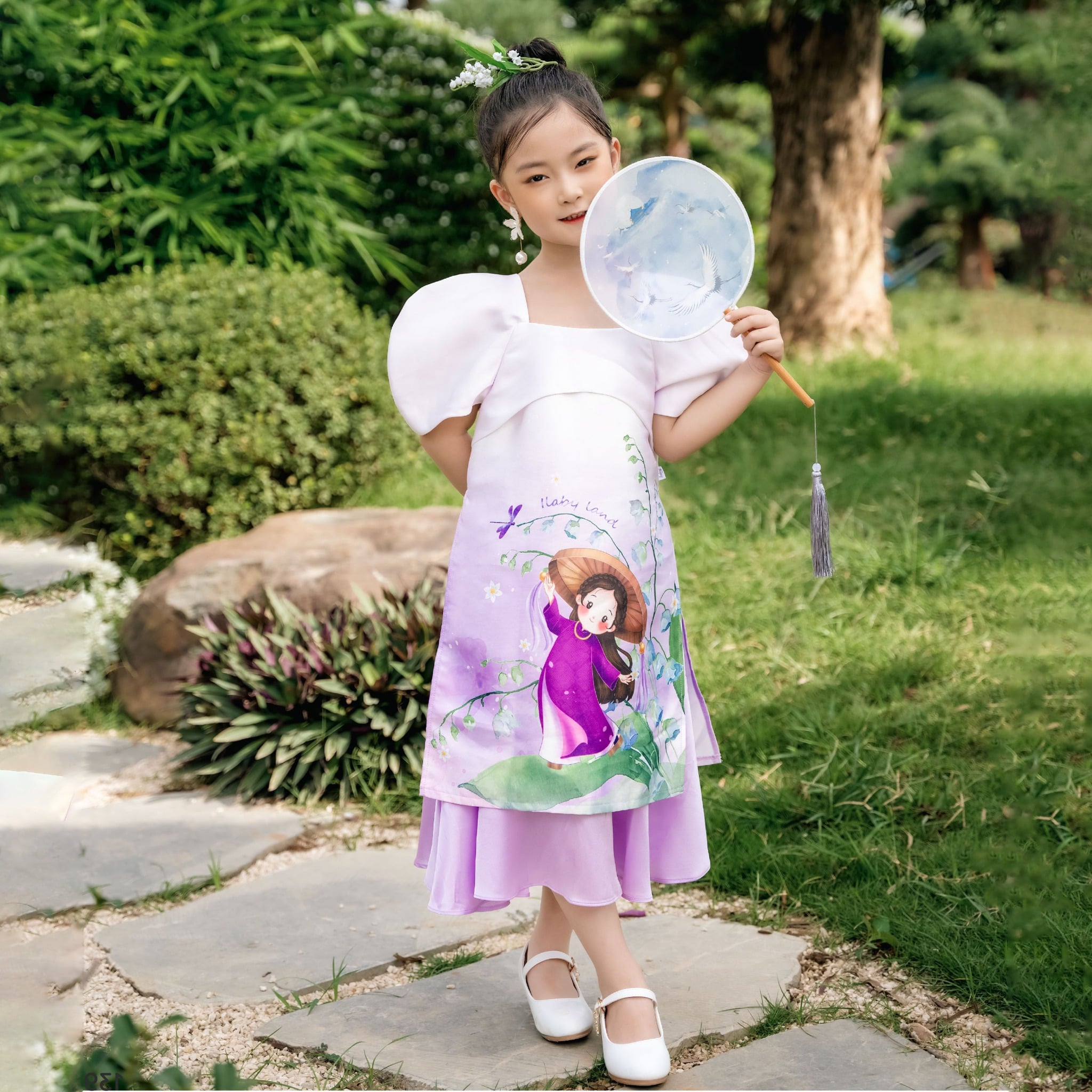 Set áo dài bé gái vải Tafta hoạ tiết hoa linh lan AG005