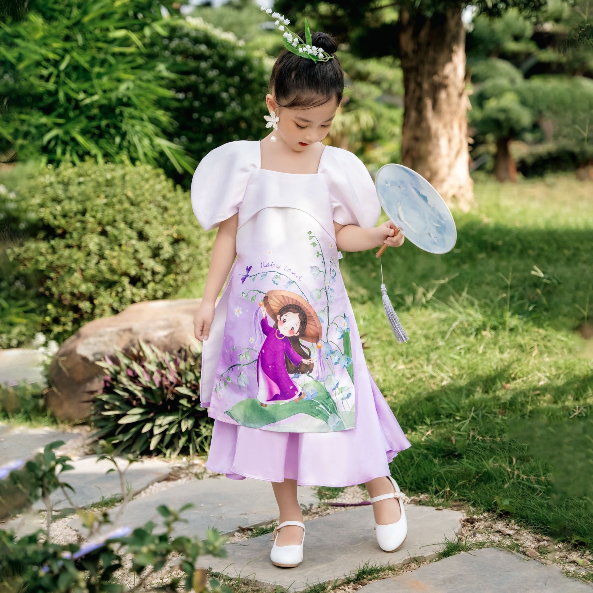 Set áo dài bé gái vải Tafta hoạ tiết hoa linh lan AG005