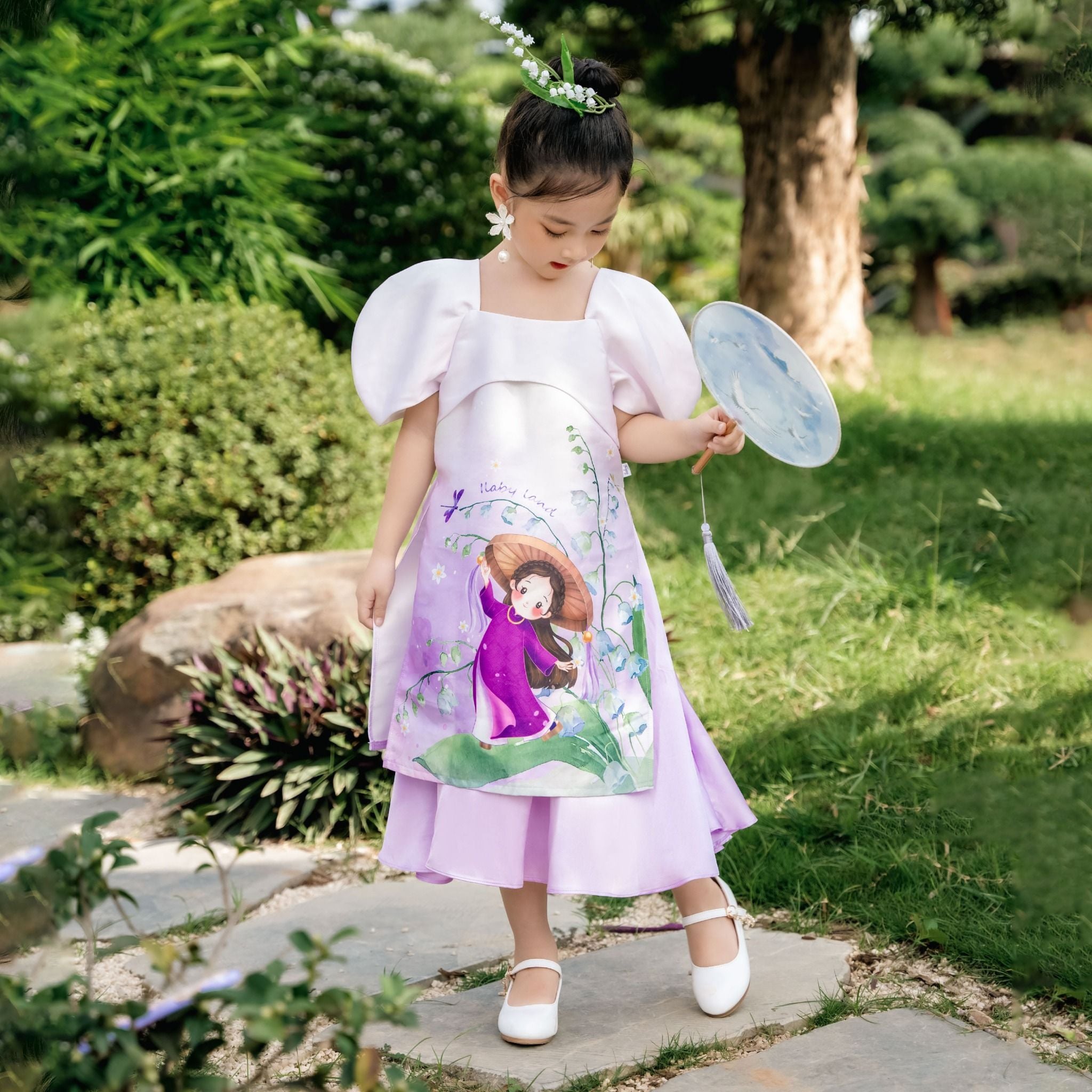 Set áo dài bé gái vải Tafta hoạ tiết hoa linh lan AG005