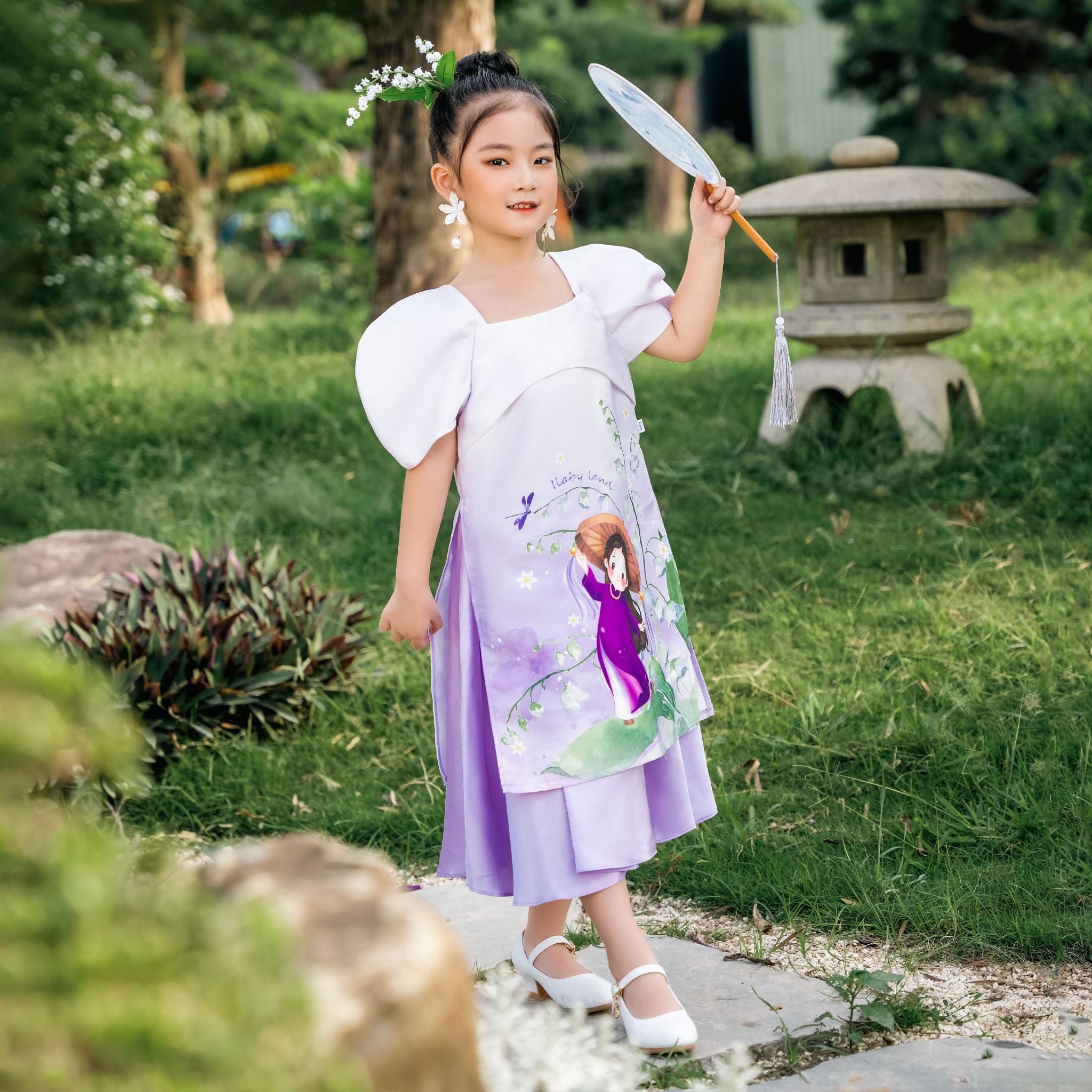 Set áo dài bé gái vải Tafta hoạ tiết hoa linh lan AG005