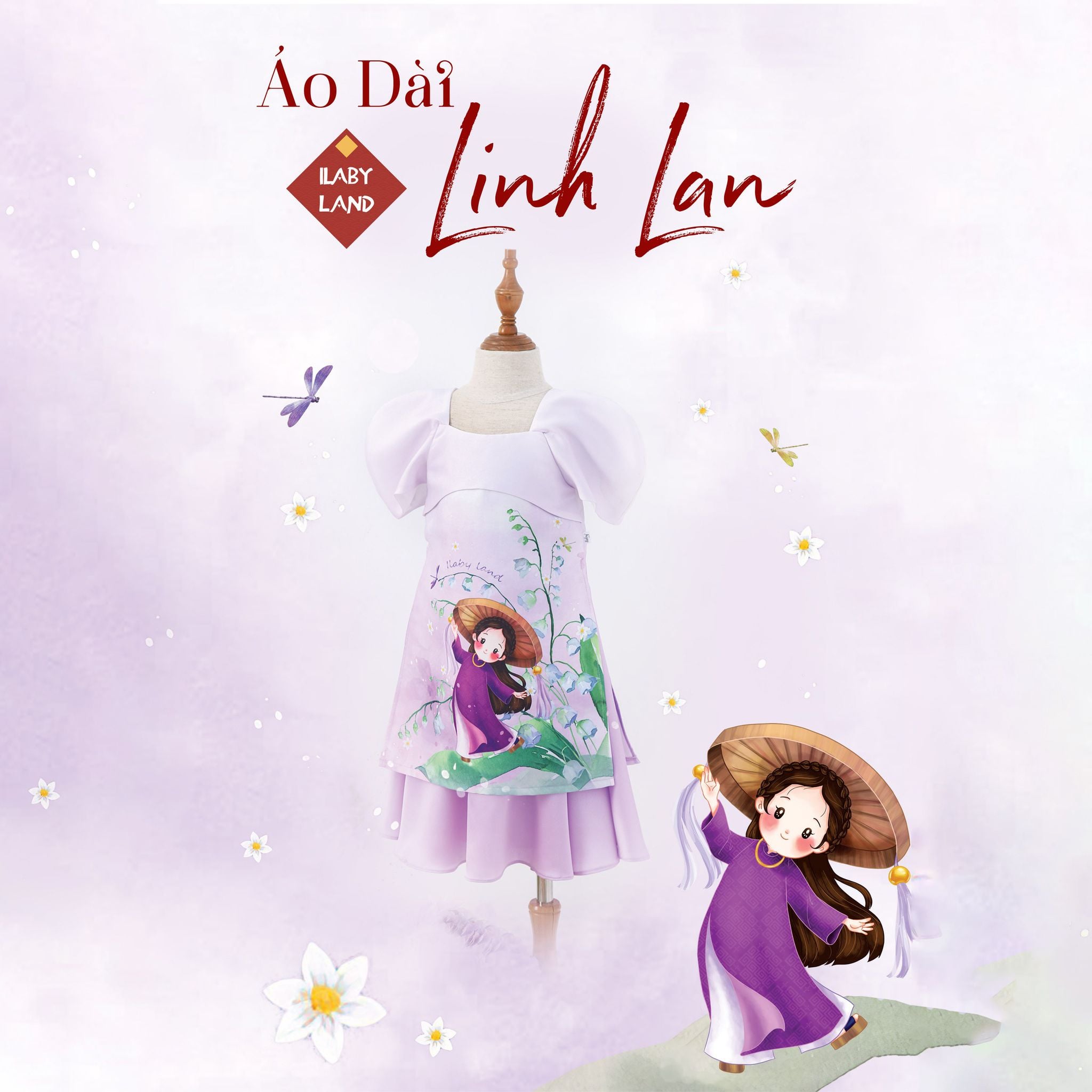 Set áo dài bé gái vải Tafta hoạ tiết hoa linh lan AG005