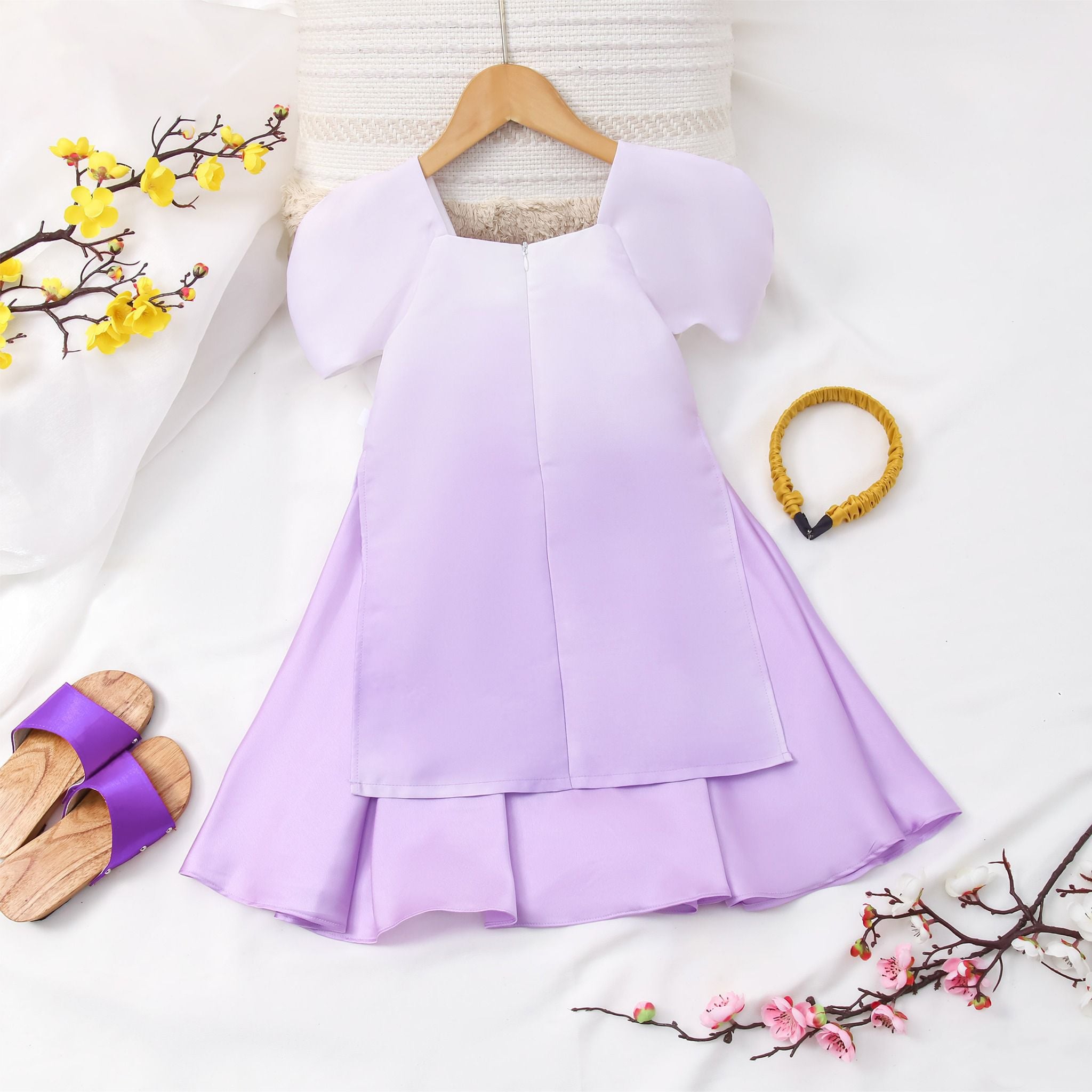 Set áo dài bé gái vải Tafta hoạ tiết hoa linh lan AG005