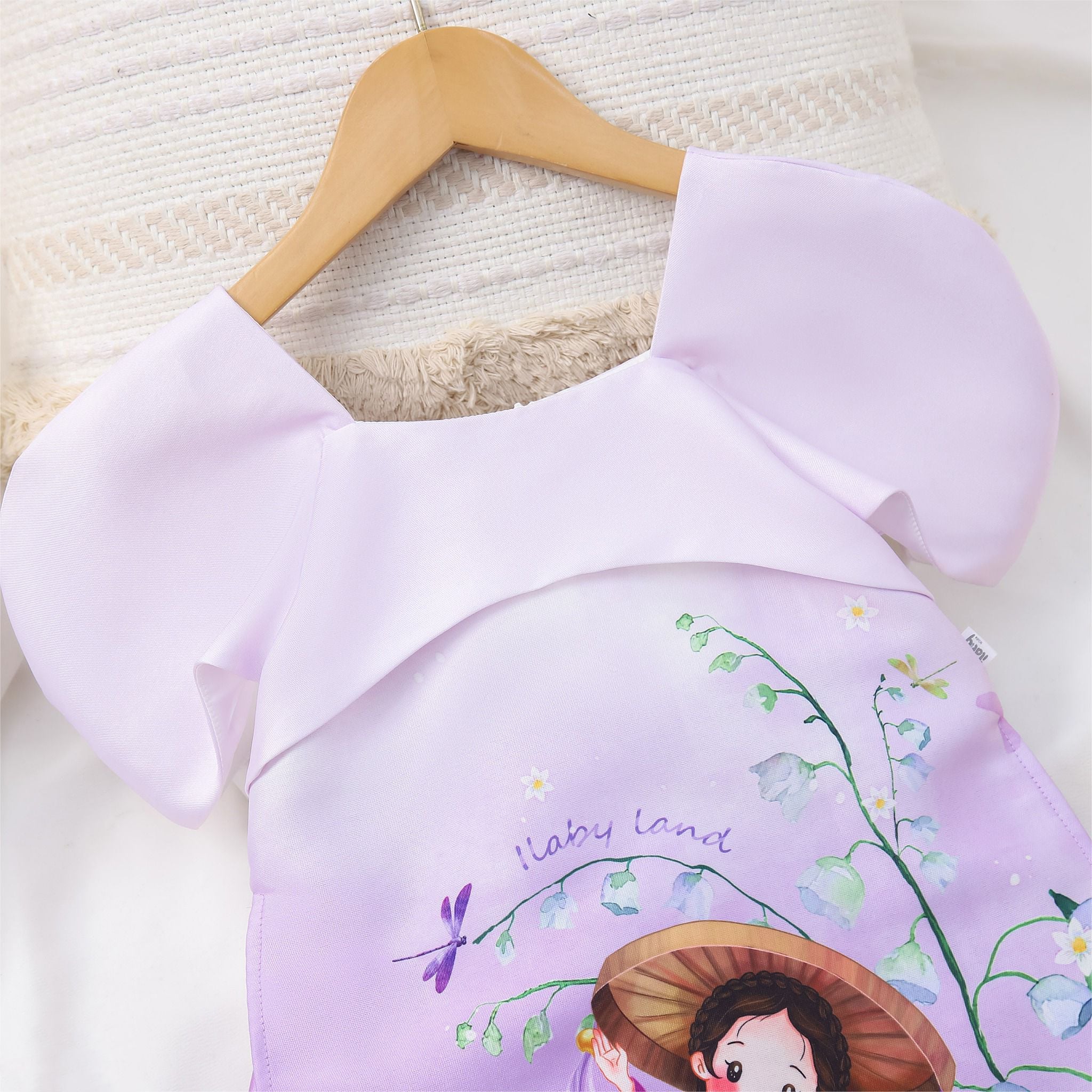 Set áo dài bé gái vải Tafta hoạ tiết hoa linh lan AG005