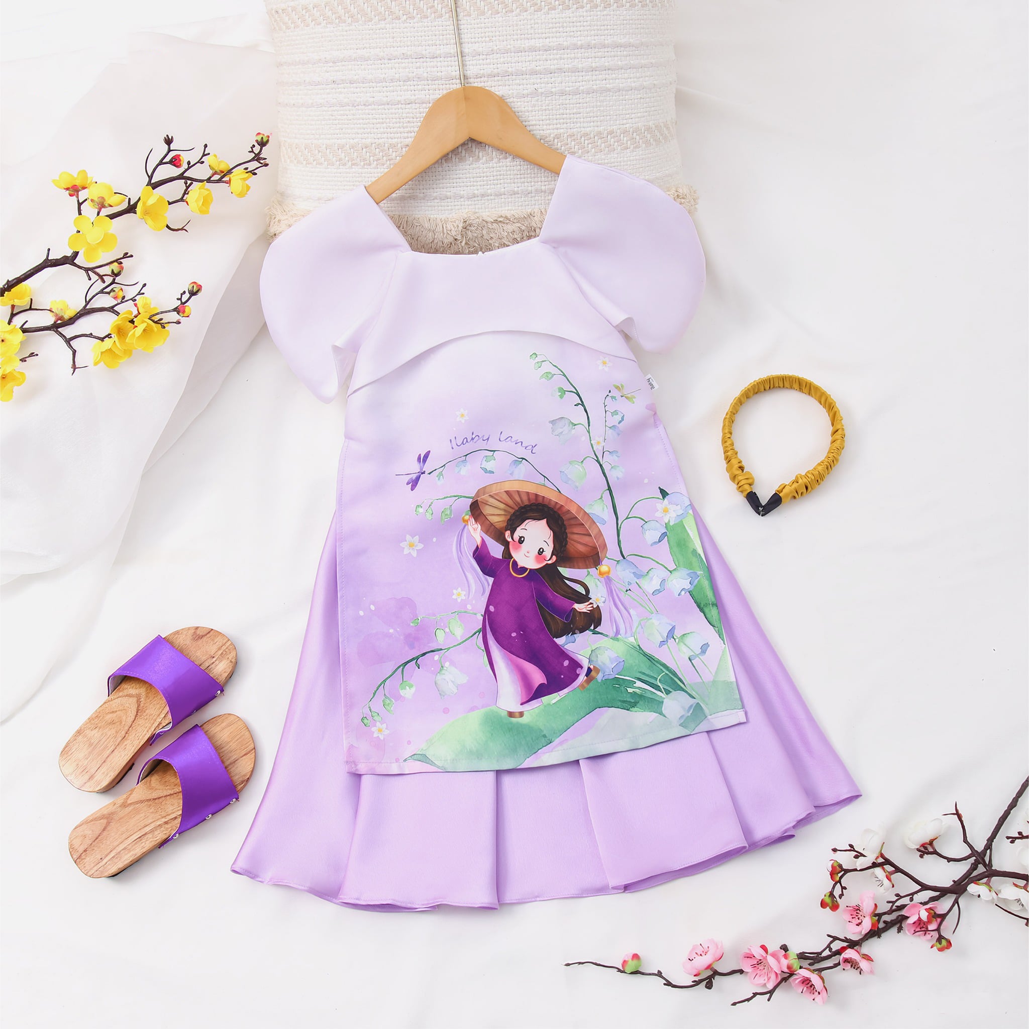 Set áo dài bé gái vải Tafta hoạ tiết hoa linh lan AG005