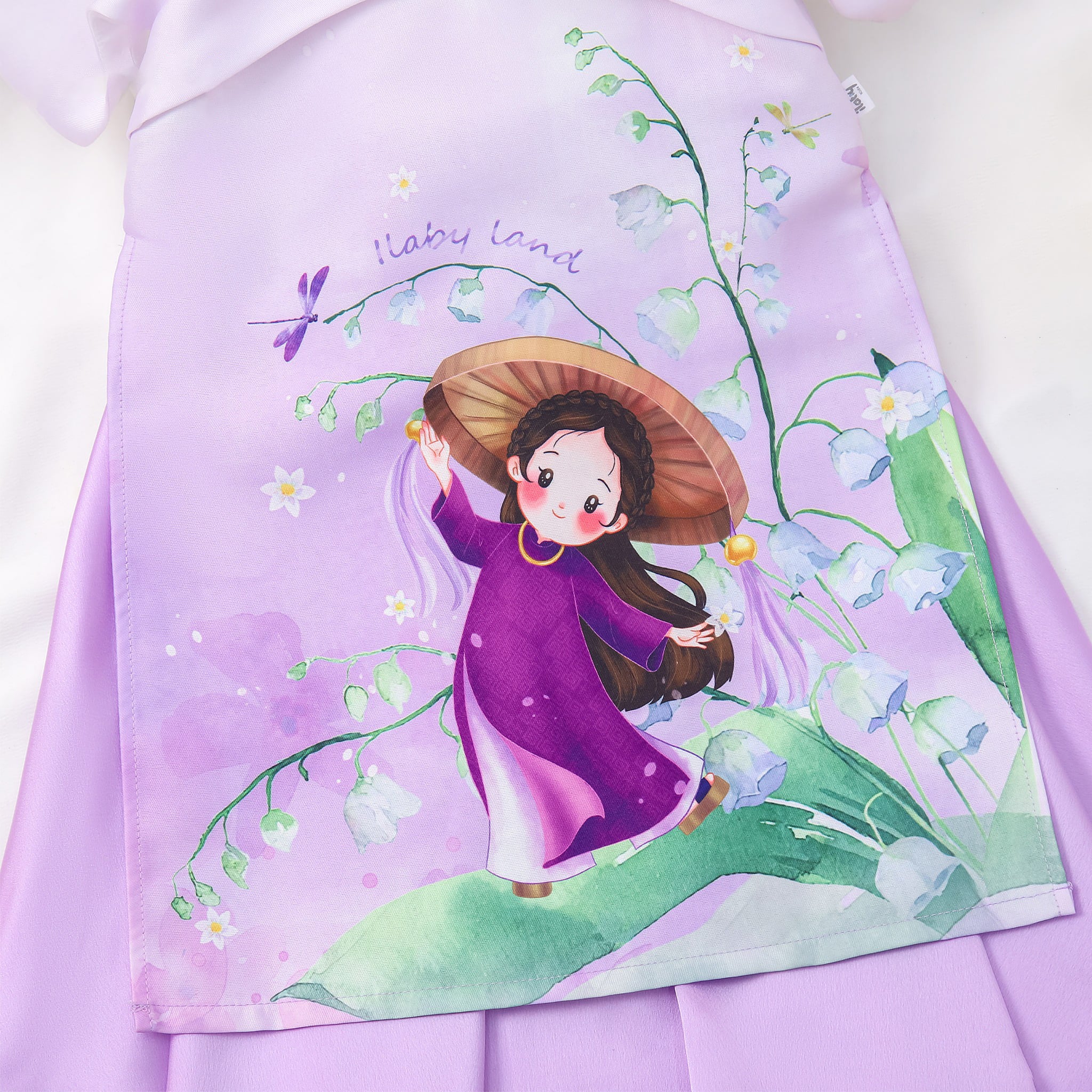 Set áo dài bé gái vải Tafta hoạ tiết hoa linh lan AG005