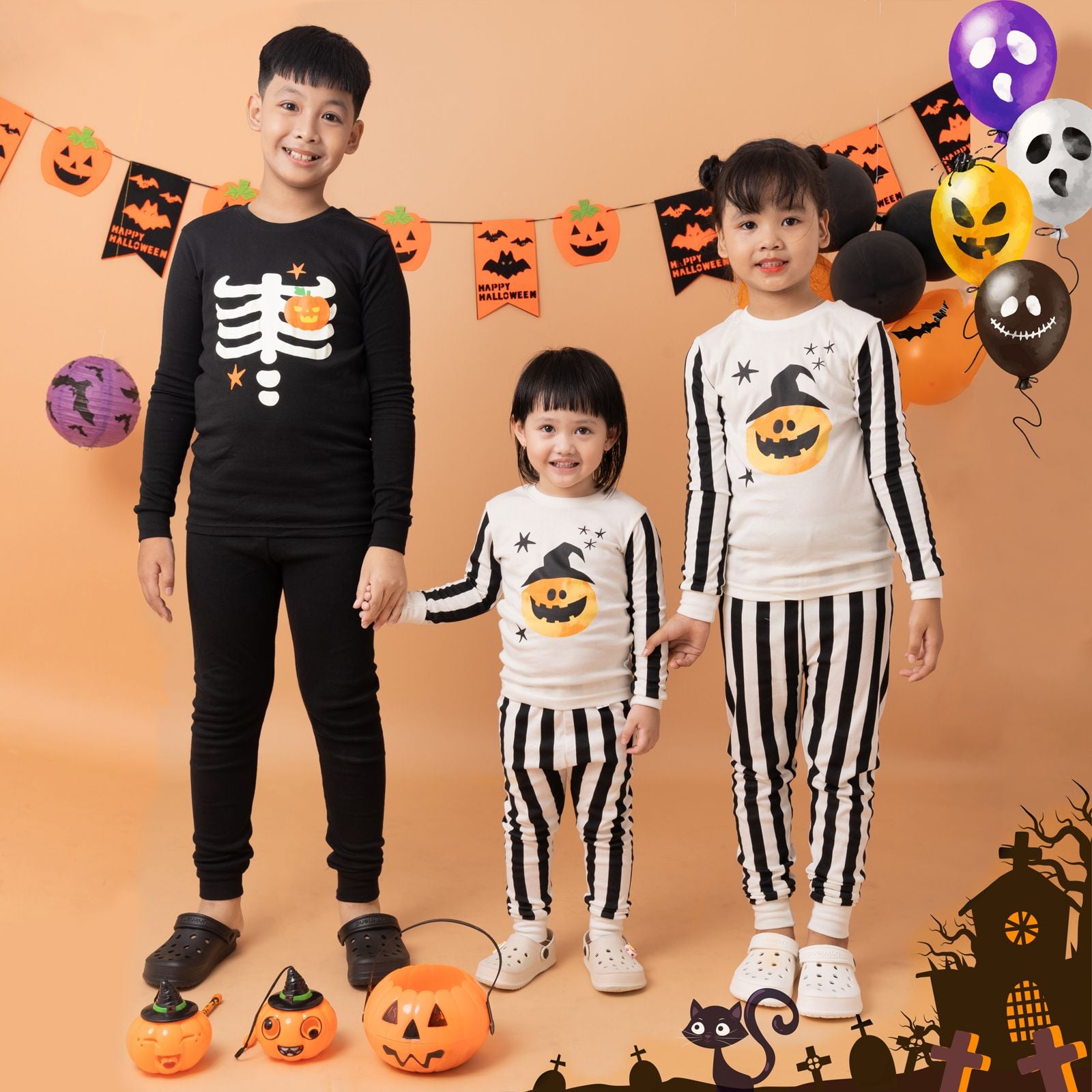 Bộ đồ dài Halloween dáng ôm cotton mịn bé gái và bé trai U1157