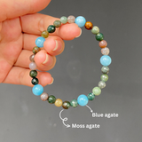 Vòng tay mix hạt đá mã não moss agate và blue agate, vòng đá phong thủy thời trang