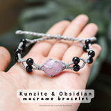 Vòng tay macrame đá kunzite và black obsidian kiểu đặc biệt, quà tặng vòng tay đá độc đáo quí phái làm thủ công