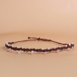 Vòng chân macrame đá thạch anh hồng (rose quartz) và morganite năng lượng tình yêu