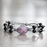 Vòng tay macrame đá kunzite và black obsidian kiểu đặc biệt, quà tặng vòng tay đá độc đáo quí phái làm thủ công