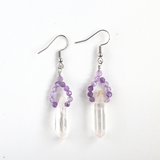 Bông tai đá thạch anh trắng thô tự nhiên kết hợp thạch anh tím, clear quartz & amethyst