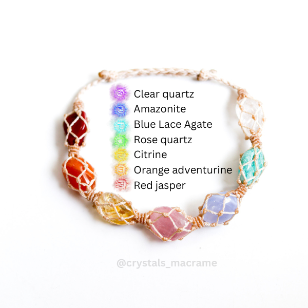 Vòng tay chakra 7 viên đá tự nhiên mài, kiểu micro macrame