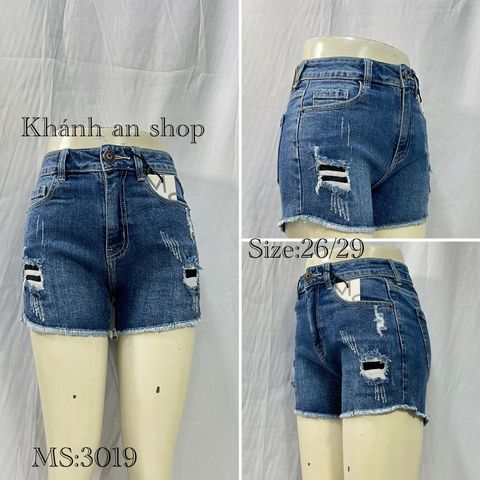 Quần đùi jean nữ lưng cao cào rách vá lai tua 3 màu xanh đậm xanh nhạt size 26 đến 29 ms 30192021